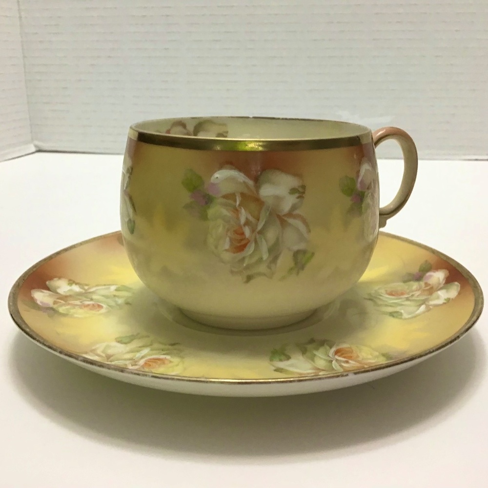 Antique MZ Austria Teacup Saucer Hand Painted Gold Rim Handles White Roses